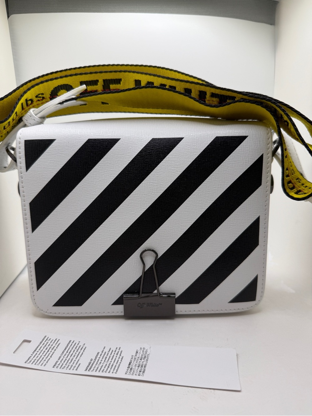 Off-White Inspired White & Black Diagonal Stripe Crossbody Bag with Yellow Strap